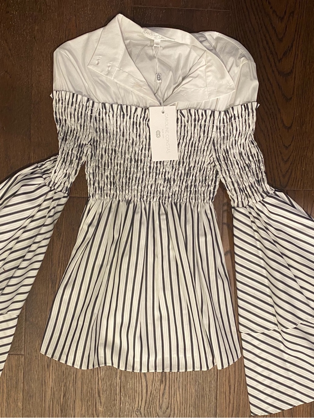 NWT Caroline Constas Black and White Striped Off-Shoulder Smocked Blouse XS